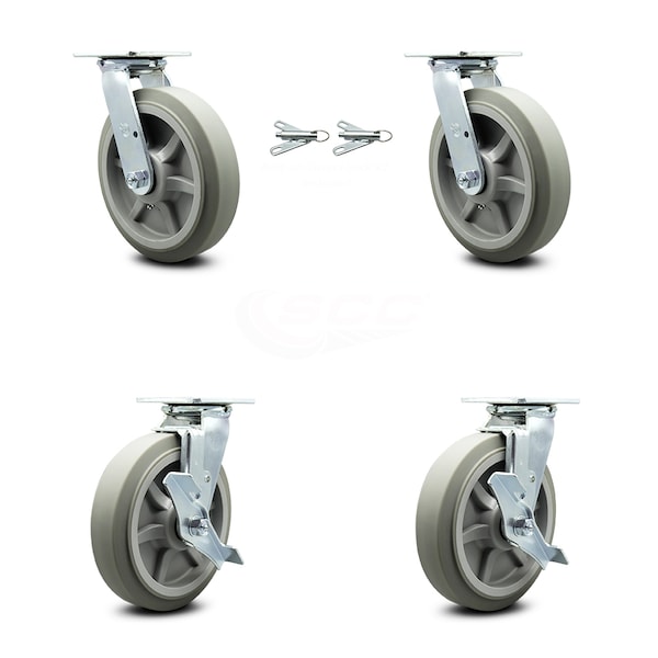 8 Inch Thermoplastic Rubber Caster Set with Ball Bearings 2 Swivel Lock 2 Brake